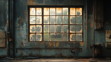 Rusty window glass old factory wall industrial building interior weathered metal surface abandoned factory natural light