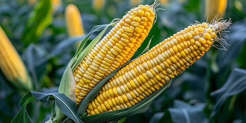 Close-up of two ripe ears of corn in a field. Golden kernels and lush green leaves.