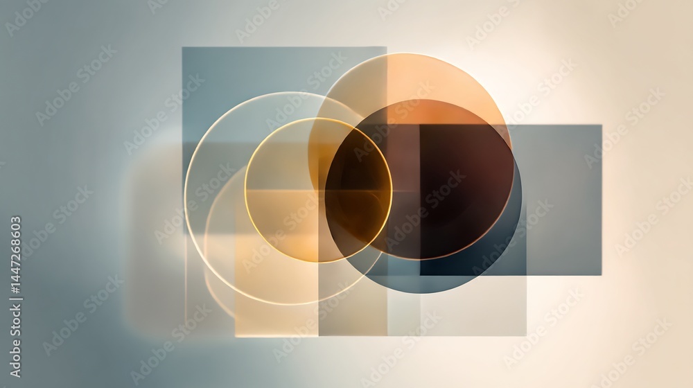 Poster geometric harmony: intersecting forms and translucent color gradients create a serene visual