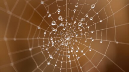Fototapeta premium Close up macro captures glistening water droplets suspended in spiderweb, artistic photography.
