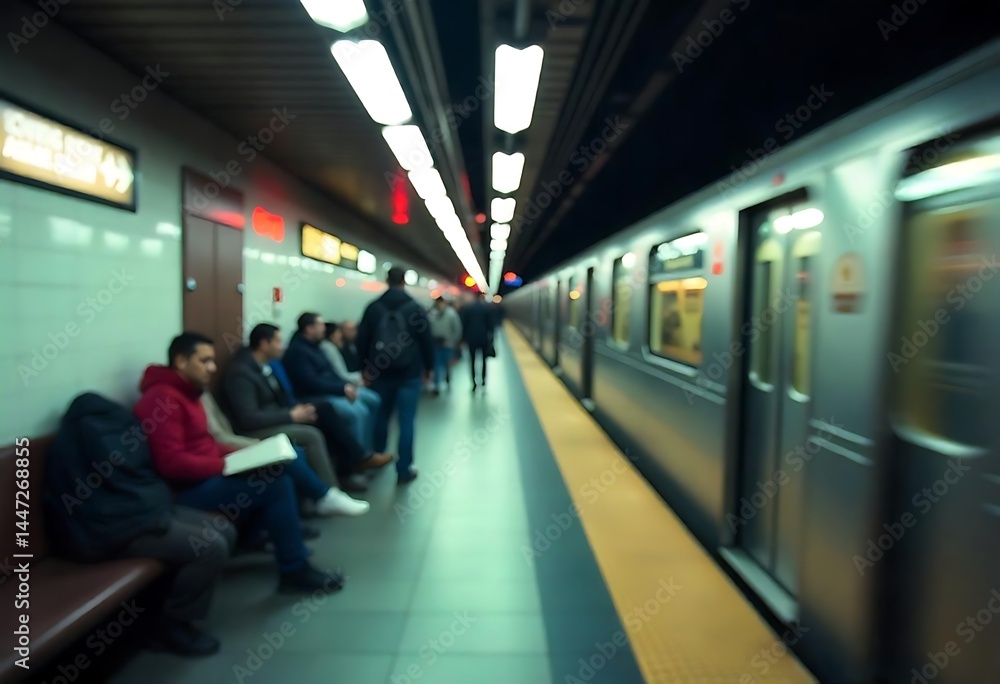 Poster generative ai, a blurred view of passengers waiting for a train at a subway station platform with br