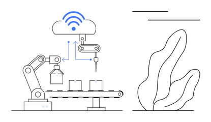 Robotic arm transferring boxes on conveyor belt connected to cloud with wireless data signals. Ideal for technology, automation, manufacturing, IoT, AI, logistics, simple landing page