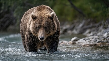 Majestic Grizzly Bear Crossing a River