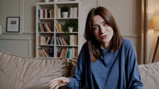 A woman smiles in a cozy living room setting, captured from a medium camera angle, ideal for a casual vlog or lifestyle video backdrop. Live desktop wallpaper.
