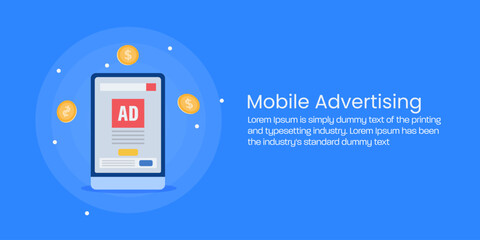 Mobile advertising campaign, PPC ads or paid social media marketing post display on smartphone, target ads for online business.