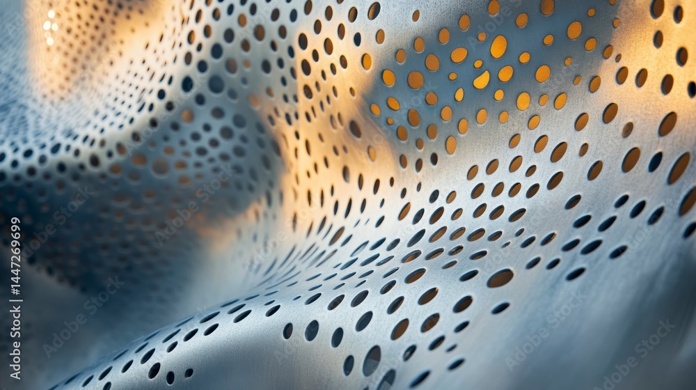 Poster abstract metallic surface with perforated pattern, wavy texture, illuminated by warm light.