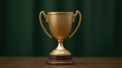 Golden trophy cup on wooden table with dark green background, symbolizing achievement and success
