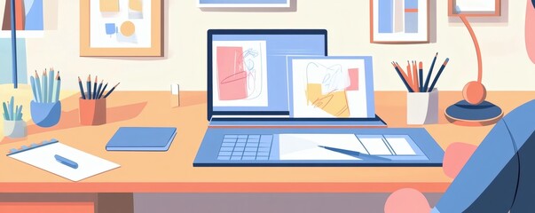 A digital artist works at their desk with creative designs displayed