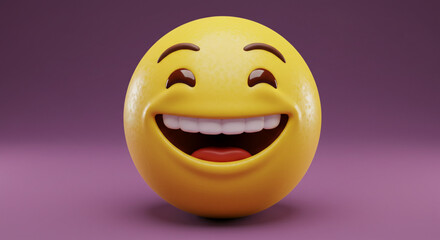 Fototapeta premium Laughing Emoji with Wide Smile on a Violet Background Illustration