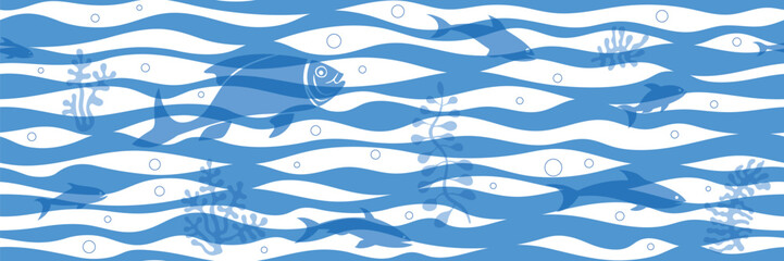 Shoal of fish, sea waves, seamless pattern, vector cartoon