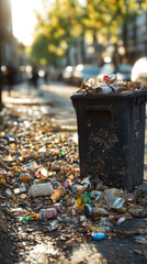 Overflowing rubbish bin with scattered trash on urban street in sunlight, showing pollution and neglect in city environment
