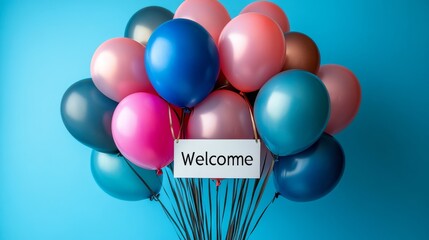 Festive welcome balloons in shades of pink, blue, and bronze against a vivid blue backdrop, conveying celebration and joy