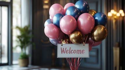 Elegant Welcome: A Festive Gathering of Balloons in a Stylish Interior with a Welcome Sign Creating a Warm and Inviting Atmosphere