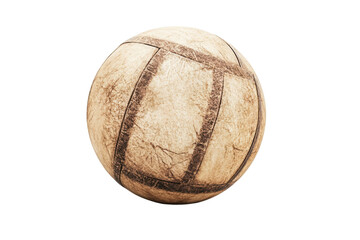 Weathered, vintage soccer ball with a light beige and brown color scheme, presented against a dark background.  The ball's surface shows signs of age and use.