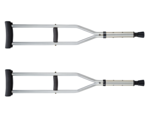 Pair of lightweight aluminum crutches with padded handles on a transparent background