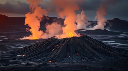 Fototapeta premium A stark, volcanic landscape featuring an erupting volcano under a dramatic, clouded sky at twilight.