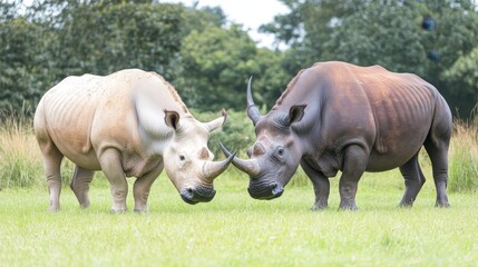 Naklejka premium Two rhinoceros facing each other in a grassy field their horns almost touching creating an image that speaks of power and raw nature strength