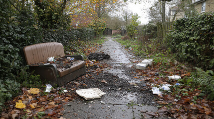 Abandoned sofa and rubbish scattered wet pathway surrounded by autumn leaves and dense green bushes neglected outdoor area