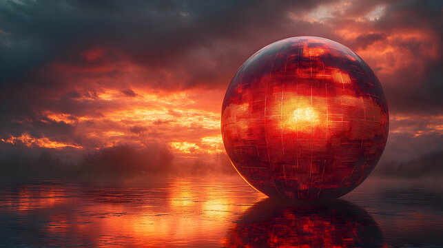 Large, fiery sphere rests on a reflective surface, bathed in a fiery sunset