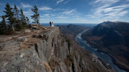 Couple Embracing the Scenic View from a Mountain Cliff Edge