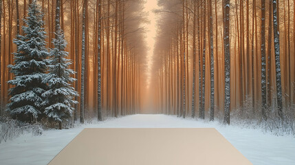 Winter wonderland forest path, snow-covered trees