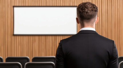 Man in black suit stands facing blank presentation screen in modern conference room, preparing confidently