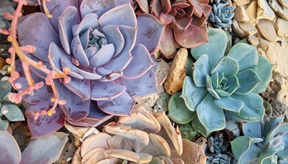 Background of textured succulent plants displays a variety of blues and greens with hints of pink, evoking a tranquil, natural mood.