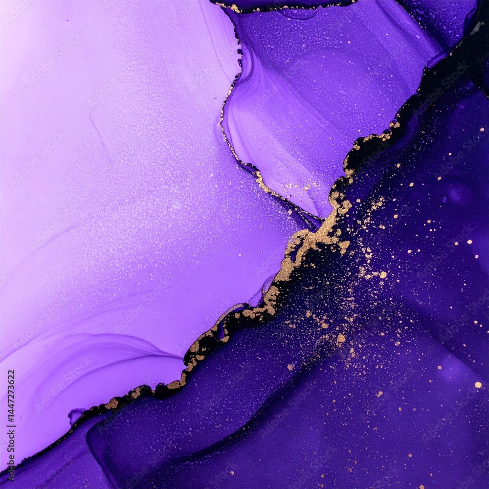 Poster a vibrant abstract painting featuring swirling shades of deep purple and shimmering gold, creating a