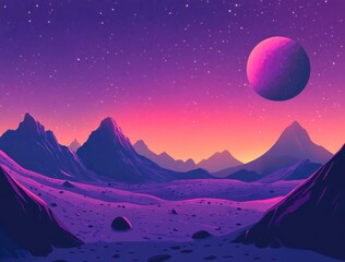 Pixel Art Alien Planet Sunset Landscape Purple Pink Mountains and Night Sky