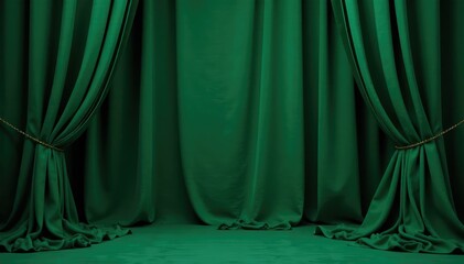 Draped velvet curtains, rich texture, deep emerald green , studio, texture
