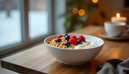 yogurt with muesli and berries on a wooden table