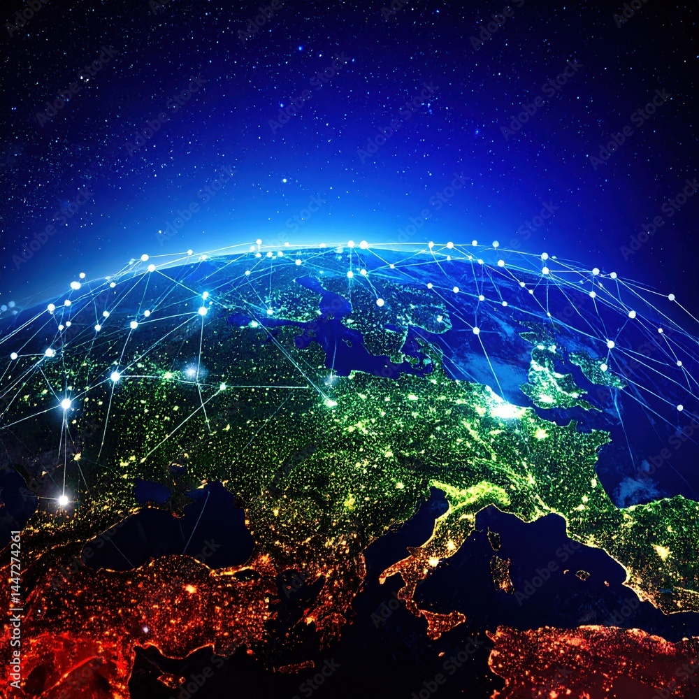 Poster a detailed depiction of earth surrounded by glowing network lines and connections, symbolizing globa