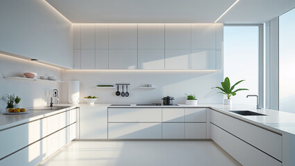 Minimalist all white modern kitchen interior design with natural light