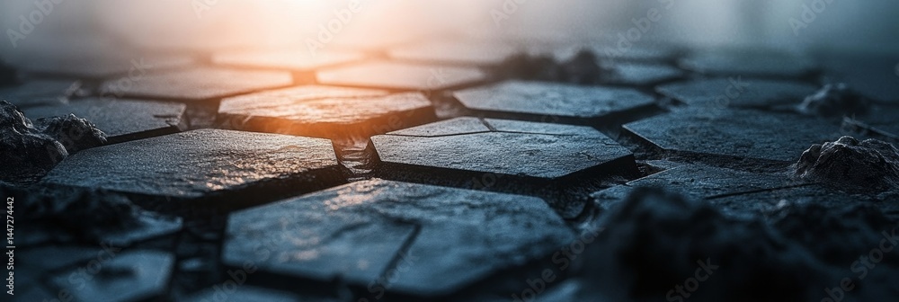 Poster close-up, abstract background with hexagon honeycomb shapes, futuristic technology design elements