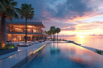 Fototapeta premium Luxurious beachfront villa at sunset with an infinity pool and tropical palm trees
