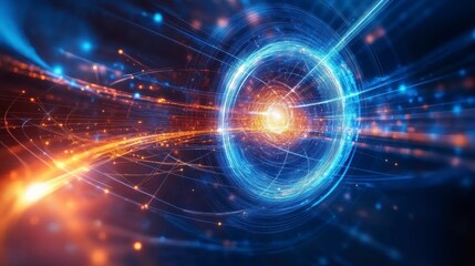 Abstract digital glowing sphere with energy trails and particles.