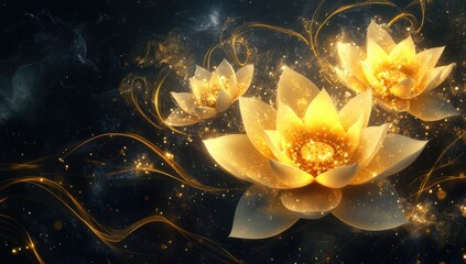Golden lotus flowers floating gracefully in a mystical background filled with sparkling light