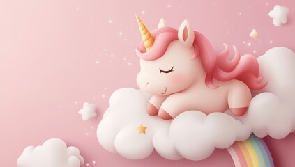 Colorful unicorn resting on clouds with a rainbow in a dreamy pastel sky