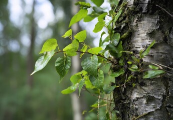Vibrant green leaves sprout from a birch tree trunk in a forest. Nature's renewal.