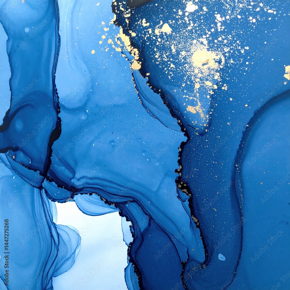 Poster a vibrant abstract painting featuring swirling shades of deep blue and shimmering gold, creating a d