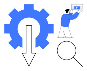 Gear with down arrow, person holding screen with play button, and magnifying glass. Ideal for technology, process automation, media downloads, search optimization, tutorials, video content