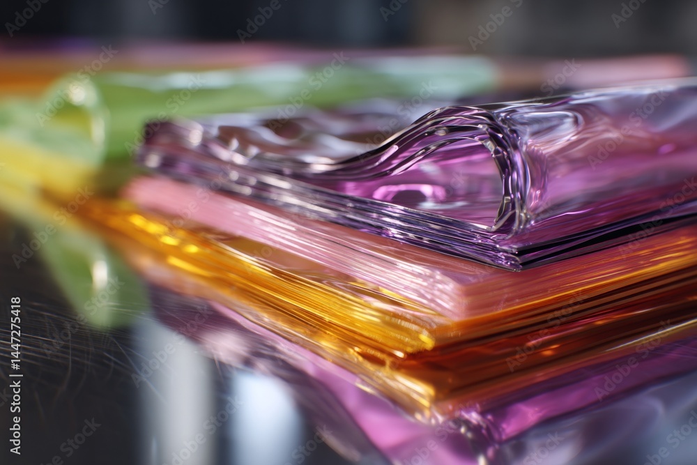 Poster colorful stacked translucent plastic sheets reflecting light, showing vibrant gradient effect in abs
