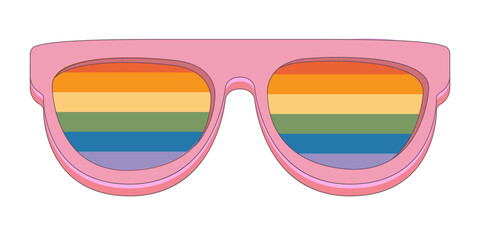 LGBT PINK sunglasses retro groovy hipster style with pride rainbow lens and white frame isolated on white background. Retro vintage Pride day, LGBT and LGBTQ sunglasses icon, sticker, poster and label