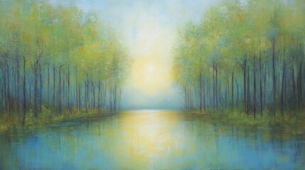 Serene, pastel forest landscape bathed in morning light.