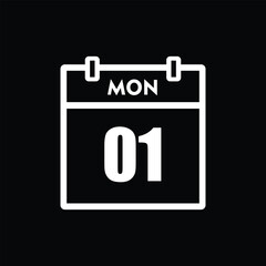 calender icon, 01 monday icon with black background	