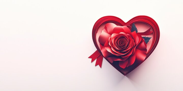 Red Rose in Heart Shaped Box on White Background