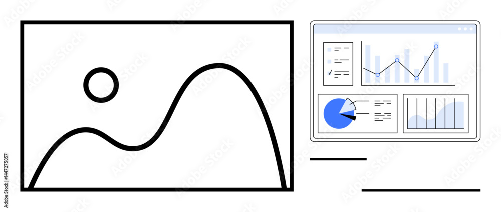 Aufkleber digital dashboard showcasing graphs, pie chart, and analytics adjacent to landscape image. ideal for