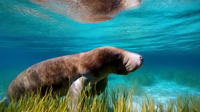 A peaceful manatee glides gracefully through crystal-clear waters among lush seagrass, embodying tranquility and the fragility of marine life in its natural habitat.