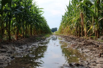 Obraz premium Cornfield Row Flooded with Water After Rain Creates Mirror-Like Reflections on a Cloudy Day in Rural Farmland