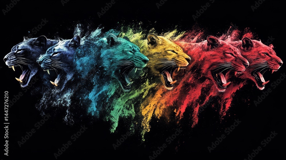 Poster abstract feline spectrum cascading dynamic predator artwork on dark backdrop an exploration of anima